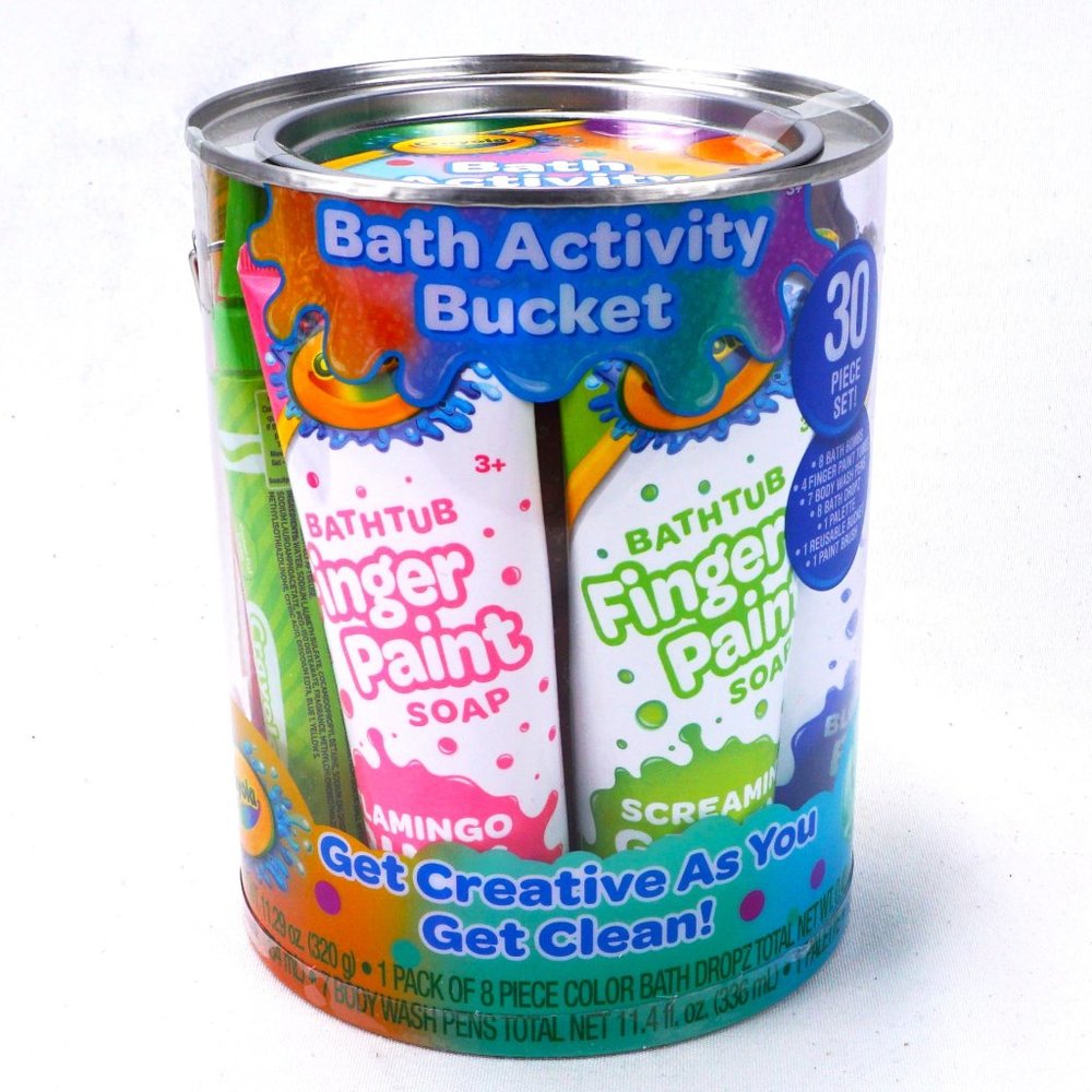 Crayola Bath Activity Bucket 30 Piece Set Bath Bomb Body Wash Pen Finger Paint